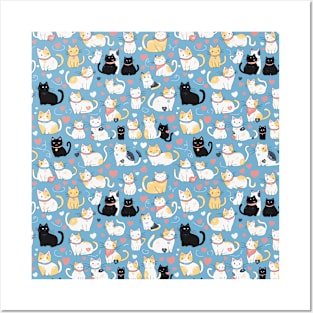 Cute Cat Pattern - Blue Posters and Art